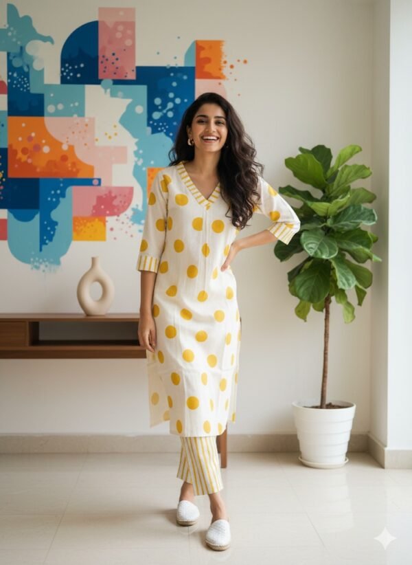 Women's Cotton Coord Set, Polka Dot  with Striped Pants