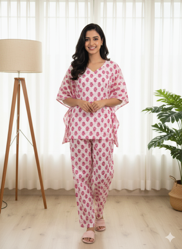 The "Sweet Berry Bloom" Cotton Block Print Kaftan Night Suit