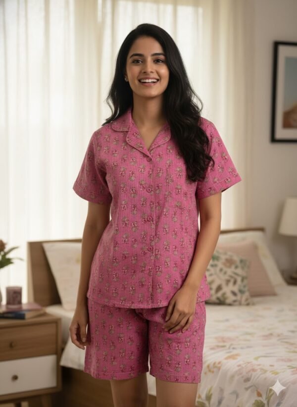 The "Twilight Floral Pink" Cotton Print Shorts Night Suit