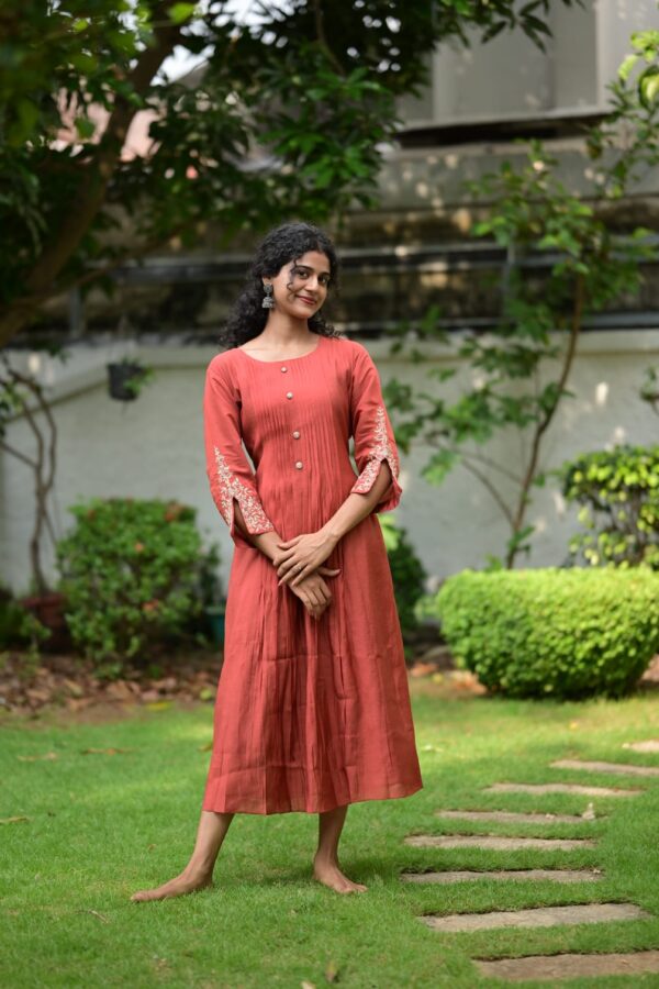 Poly Mul Chanderi Top with Aari Work Sleeves
