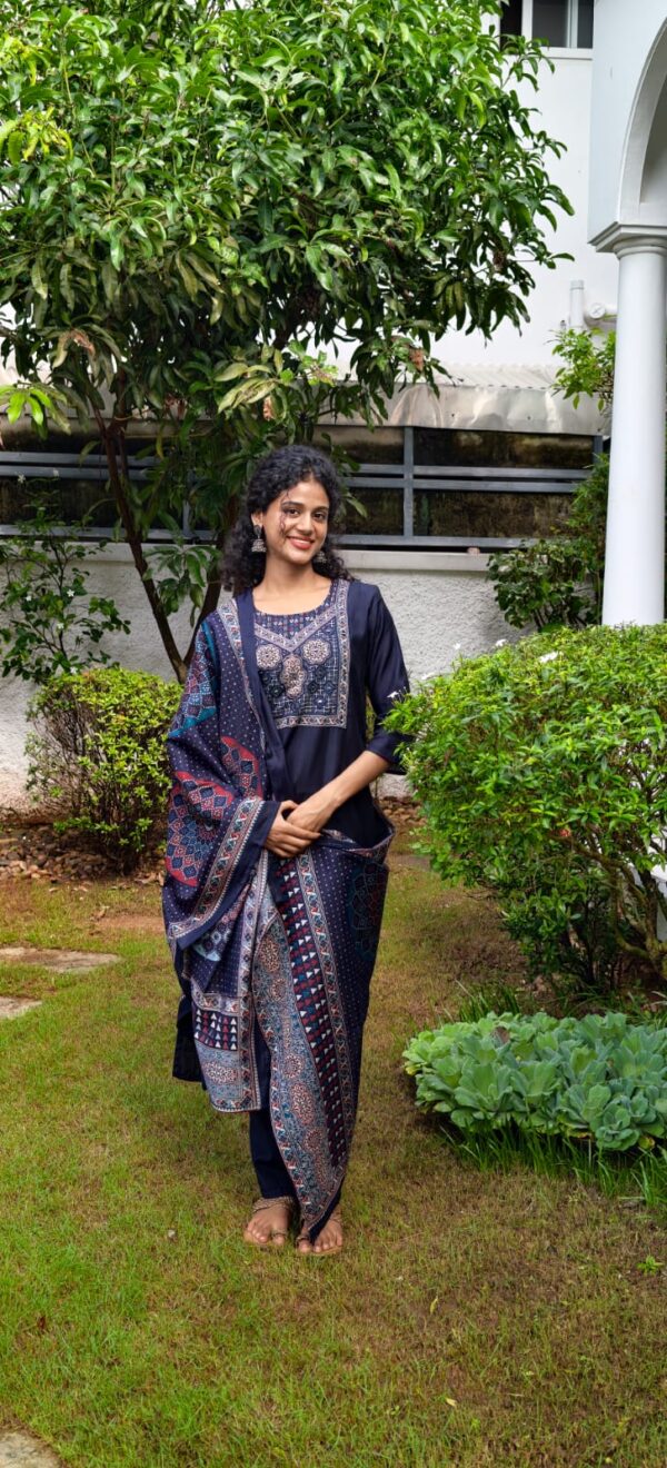 Navy Blue Three Piece Casual Wear Kurta Set