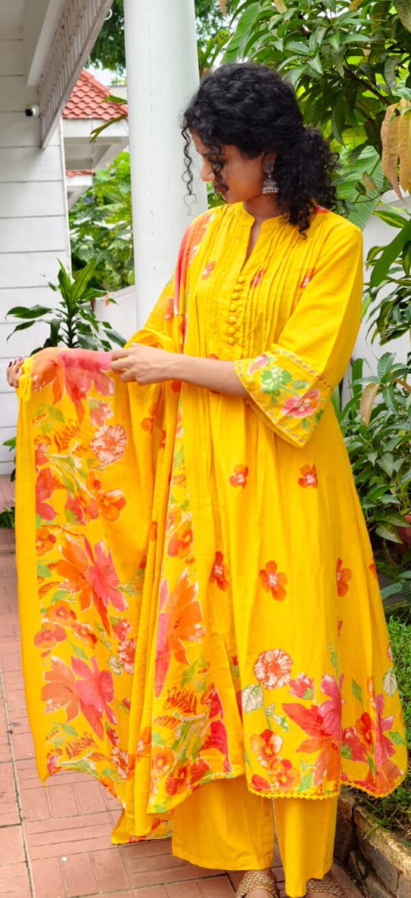 Yellow Pure Soft Cotton 3 Piece Set with Floral Prints