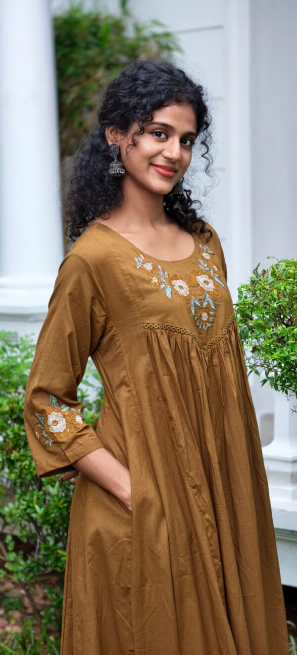Graceful Mustard Brown Embroidered Midi Kurta